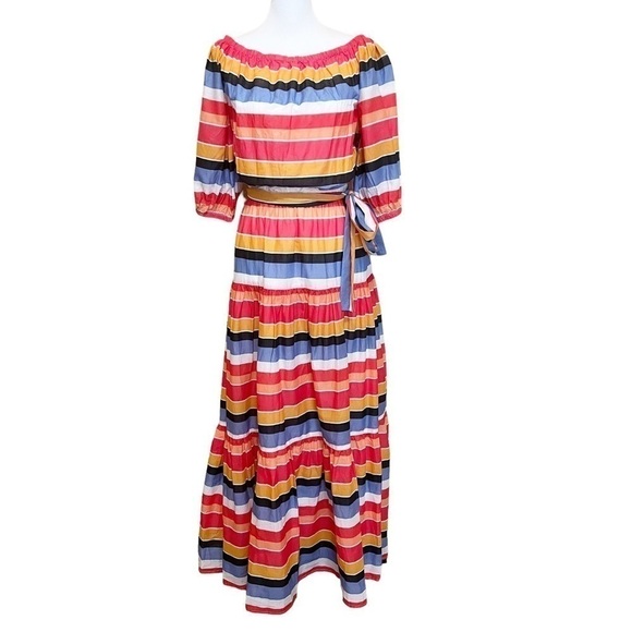 Boston Proper NWT Multi Stripe Off the Shoulder Tiered Maxi Dress Summer Size S - Picture 5 of 10